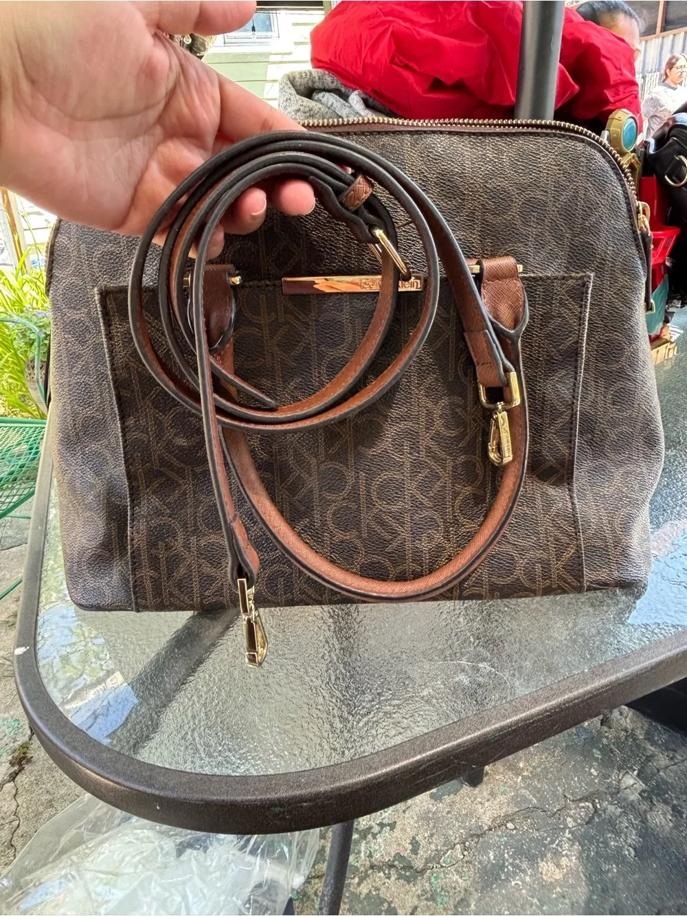 Calvin Klein Brown Monogram Satchel with Crossbody Strap